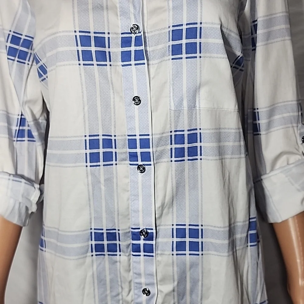 Michael Kors Women’s Button-Down Roll-up Sleeve Pleid Shirtdress blue/White Sz 8